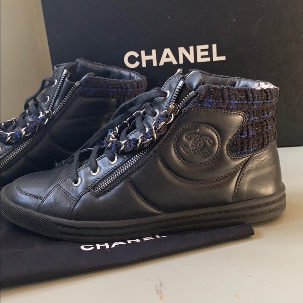 🎉HP🎉Chanel Lambskin Black Hightop Chain Sneakers - Picture 2 of 8